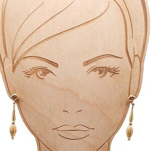 Gold Tone Vintage Fluted Drop Dangle Earrings with Geometric Accents and Clip On